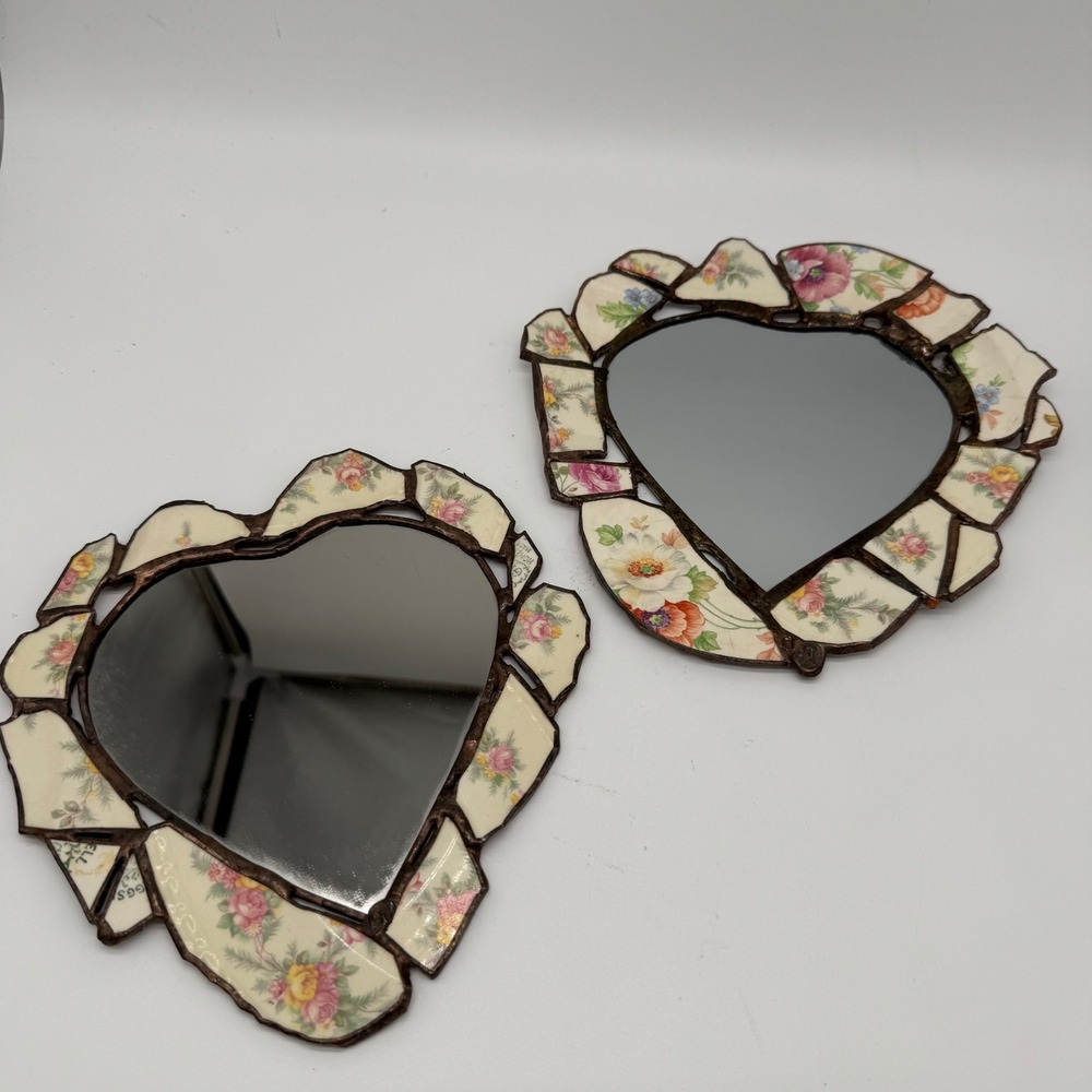 Vintage Signed Broken China Mosaic Heart Mirror Pique Assiette Stained Glass 2pc